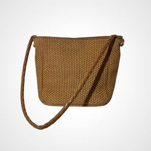 Vintage Bottega Veneta Woven Raffia Gold Tan Brown Intreciatto Leather Straw Bag